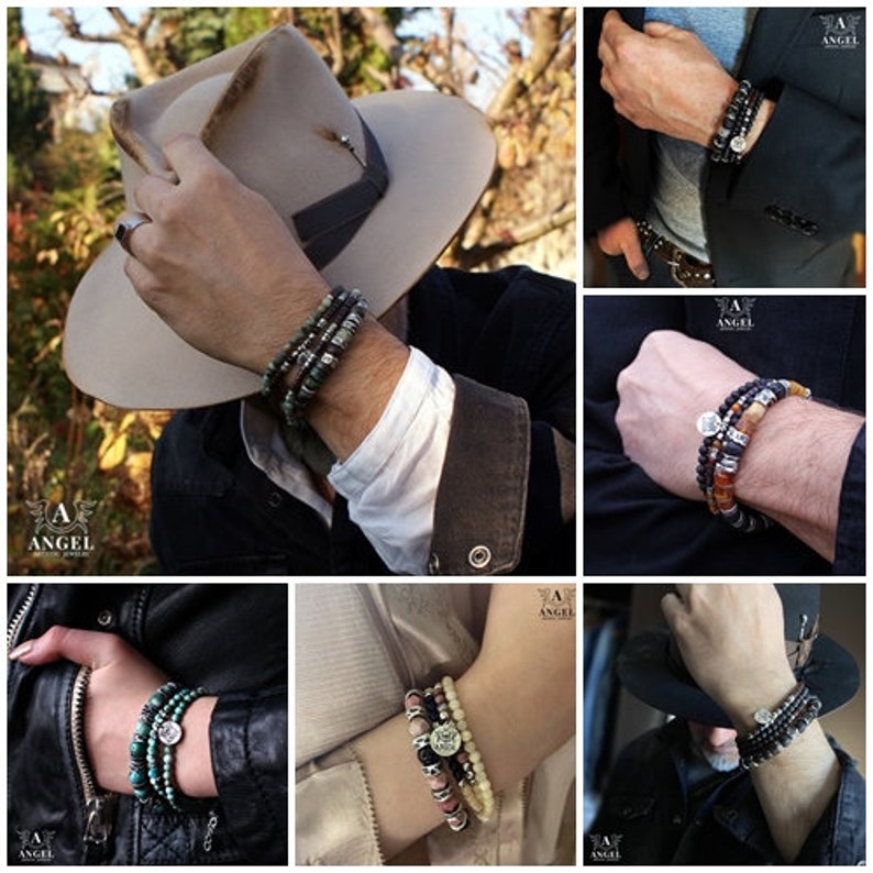 May include: A collection of beaded bracelets in various styles and colors. The bracelets feature a mix of natural stone beads, metal accents, and a central charm. The color palette includes shades of black, gray, brown, and turquoise. The bracelets are shown on wrists.