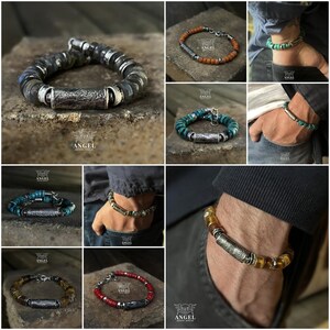 May include: A collection of handcrafted bracelets featuring various stone beads and textured metal accents. The bracelets showcase a range of colors, including blue, green, brown, and red. Each bracelet has a unique design, with the "ANGEL" logo visible.