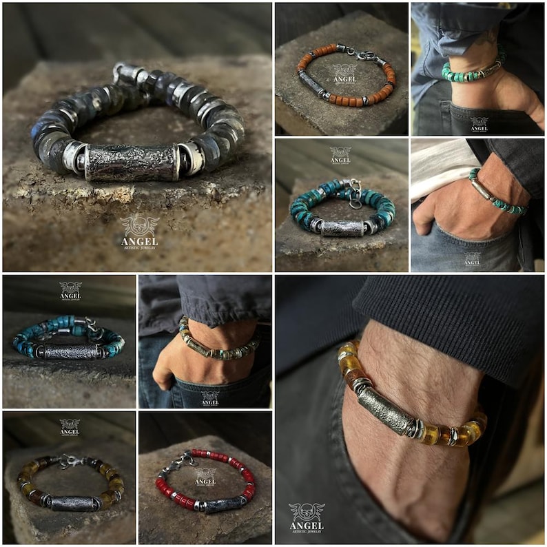 May include: A collection of handcrafted bracelets featuring various stone beads and textured metal accents. The bracelets showcase a range of colors, including blue, green, brown, and red. Each bracelet has a unique design, with the "ANGEL" logo visible.
