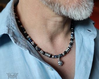 Mens Raw Skull Necklace, Black Onyx, Blue Jasper, Lava and 100% Sterling Silver Skulls, Black Necklace, Personalized Christmas Gift