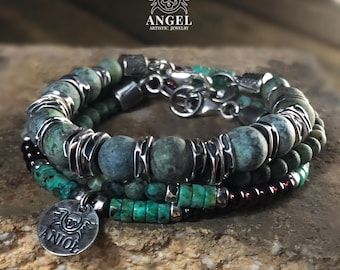 2 Mens Raw African Turquoise Handmade Bracelet, Sterling Silver Jewelry, Set of 2 Womens Bracelet, Valentine's Day Gift, Personalized Git