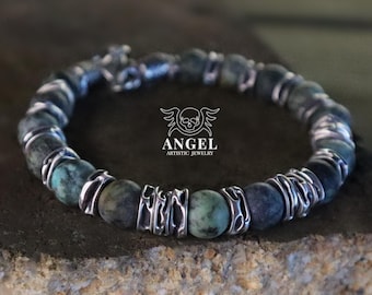Mens Raw African Turquoise Handmade Bracelet, Sterling Silver Jewelry, Womens Bracelet, Valentine's Day Gift, Personalized Gift for him