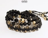 3 Mens Skull Bracelets, Handmade Sterling Silver Jewelry, Silver & Bronze Bracelet, Gift or Him