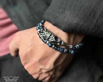 King of the Birds - handmade Bird Skull Crown Bracelet - Sterling Silver, Blue Jasper