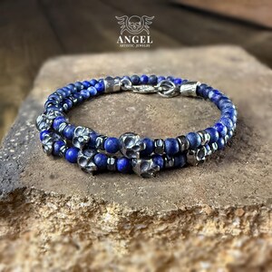 Handmade 8 Raw Skulls and Lapis Lazuli Bracelet, Mens Raw Sterling Silver Beaded Bracelet, Lapis Lazuli Womens Bracelet, Personalized Gift