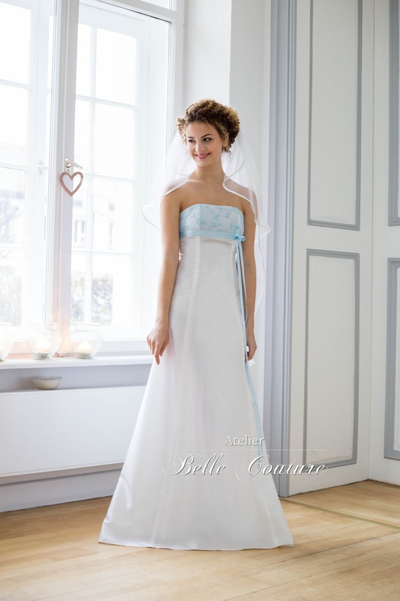 light blue and white wedding dress
