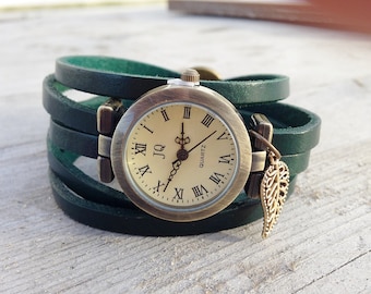 Watch,Women Watches,Wrap Watch, Bracelet Watch, Wrist Watch, Vintage Watch Leather Bracelet "pistachio leaf" Bracelet: darkgreen