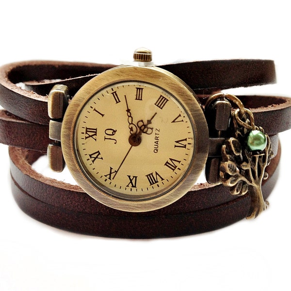 Women Watches,Watch,Wrap Watch, Bracelet Watch, Wrist Watch, Vintage Watch "Tree" Leather Bracelet: dark brown