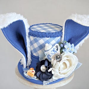 Mini-hoge hoed wit konijn, mini-hoge hoed Pasen, wit konijn kostuum tovenaar, verjaardagshoed, Alice in Wonderland-hoed, Tea Party-hoed