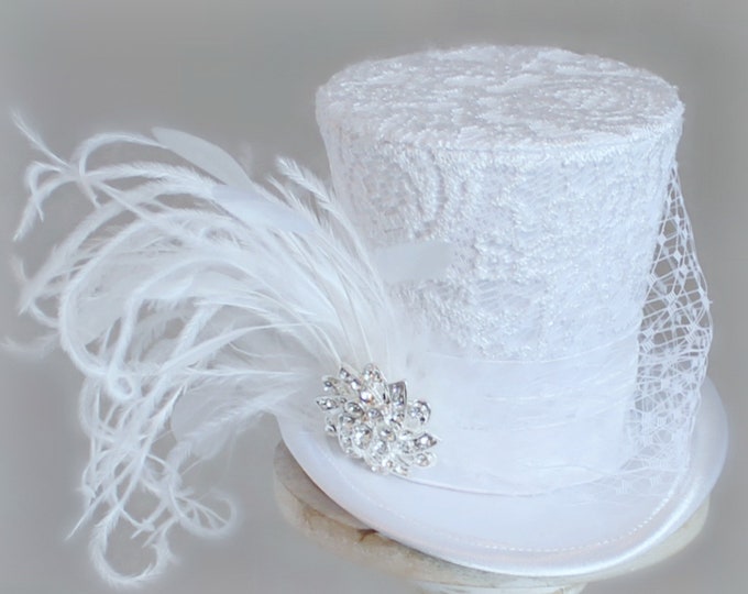 White Mini Top Hat, Wedding Hat, Bridal Mini Top Hat, Tea Party Hat