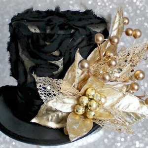 Zwart en Goud Kerst Mini Top Hat, Holiday Party Hat, Goud en Zwarte Mini Top Hat, Oudejaarsavond Mini Hat, Kerst Decoratie