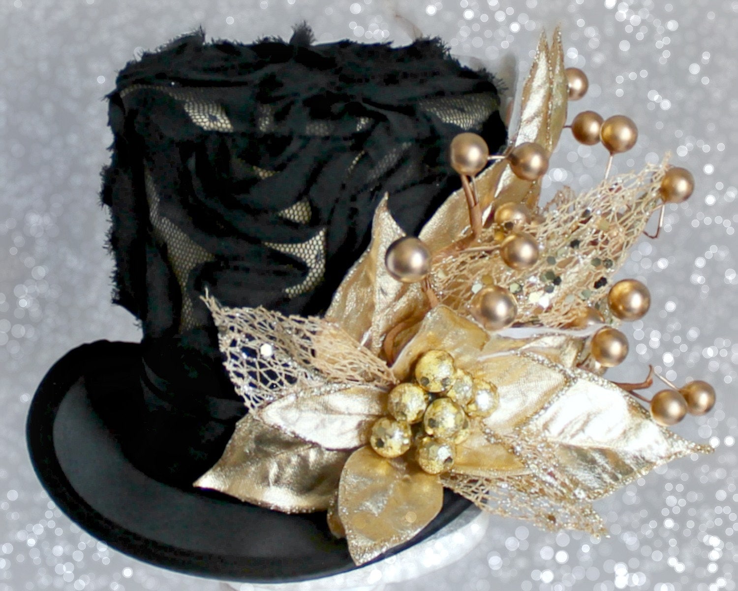 Black and Gold Christmas Mini Top Hat, Holiday Party Hat, Gold and Black Mini Top Hat, New Year's Eve Mini Hat, Christmas Decoration