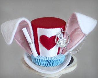 White Rabbit Mini Top Hat, White Rabbit Costume Fascinator, Birthday Hat, Alice in Wonderland Hat, Tea Party Hat, Wedding Hat, Boys Top Hat