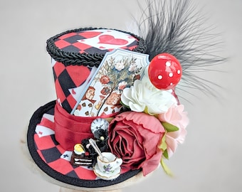 Alice in Wonderland, Red Queen Mini Top Hat, Alice Costume Fascinator, Wonderland Birthday Hat, Red Queen Hat, Alice Tea Party Hat