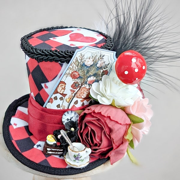 Alice in Wonderland, Red Queen Mini Top Hat, Alice Costume Fascinator, Wonderland Birthday Hat, Red Queen Hat, Alice Tea Party Hat