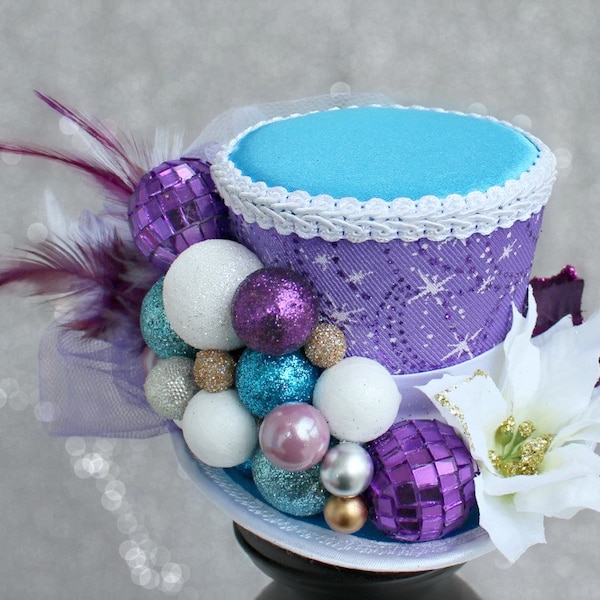 Christmas Mini Top Hat , Holiday Party Hat , Blue and Purple Mini Top Hat, New Year's Eve Mini Hat,Christmas Fascinator,Christmas Decoration