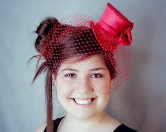 Red Mini Top Hat, Wedding Top Hat, Mini Hats, Tea Party Hat, Mad Hatter Hat, Red Fascinator,  Top Hat, Women Mini Top Hat, Women Fascinator