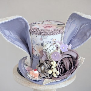 Mini-hoge hoed wit konijn, mini-hoge hoed Pasen, wit konijn kostuum tovenaar, verjaardagshoed, Alice in Wonderland-hoed, Tea Party-hoed