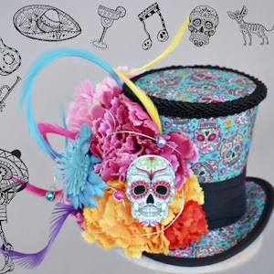 Dag van de Dode Mini Hoge Hoed, Macabere Hoed, Gotische Fascinator, Halloween Mini Hoed, Tea Party Hoed, Halloween Hoed, Vrouwen Hoge Hoed, Mini Hoge Hoed