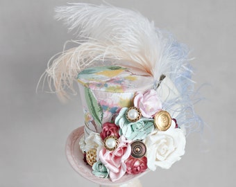 Floral Mini Top Hat, Garden Mini Hat, Victorian Floral Hat, Tea Party Flower Hat, Kentucky Derby Hat, Women Mini Hat, Women Fascinator