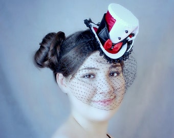 Black White Red Mini Top Hat, Veil, Mad Hatter Hat, Fascinator, Mini Hat, Top Hat, Mini Hats, Tea Party Hat, Wedding Hat, Women Top Hat