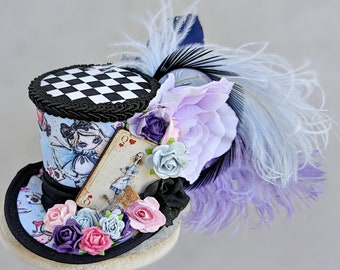 Alice Mini Top Hat, Blue Mini Top Hat, Alice Costume Fascinator, Wonderland Birthday Hat, Alice in Wonderland Hat, Alice Tea Party Hat