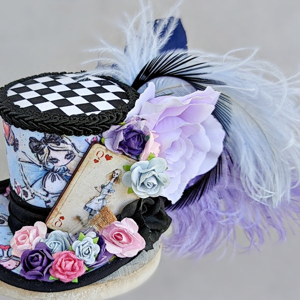 Alice Mini Top Hat, Blue Mini Top Hat, Alice Costume Fascinator, Wonderland Birthday Hat, Alice in Wonderland Hat, Alice Tea Party Hat