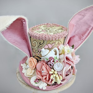 Wit konijn Mini cilinderhoed, wit konijn kostuum Fascinator, verjaardag hoed, Alice in Wonderland hoed, Tea Party hoed, roze konijn Mini cilinderhoed