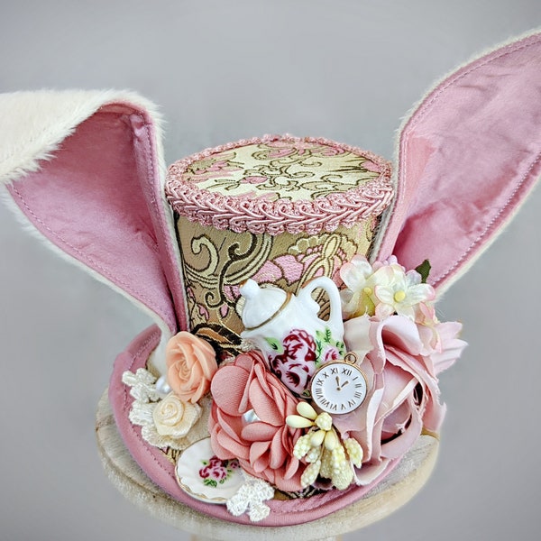 White Rabbit Mini Top Hat, White Rabbit Costume Fascinator, Birthday Hat, Alice in Wonderland Hat, Tea Party Hat, Pink Rabbit Mini Top Hat