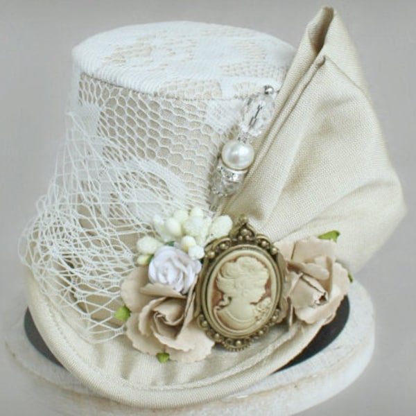 Beige Mini Top Hat, Monochromatic Mini Top Hat, Victorian Hat, Tea Party Flower Hat, Kentucky Derby Hat, Veil Alternative, Women Fascinator