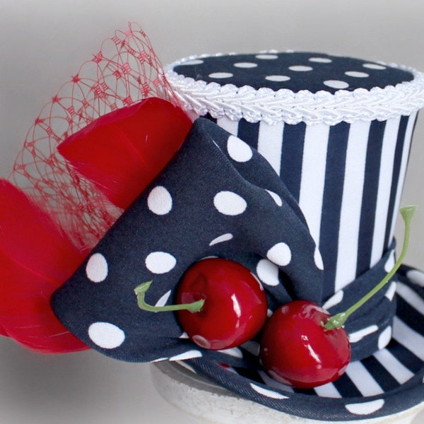 Navy Mini Top Hat, Polka Dot Mini Top Hat, Retro Mini Top Hat, Mini Hats, Birthday Hat, Navy White Mini Hat, Cherry Hat, Women Mini Top Hat