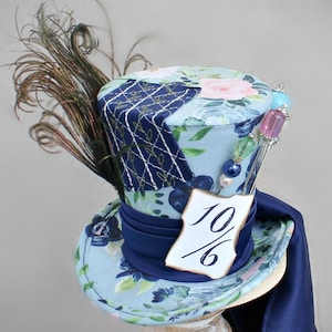 Mad Hatter hoed, mini hoge hoed, blauwe tovenaar, mini hoed, hoge hoed, mini hoeden, Tea Party hoed, bruiloft hoed, vrouwen hoge hoed, witte mini hoge hoed