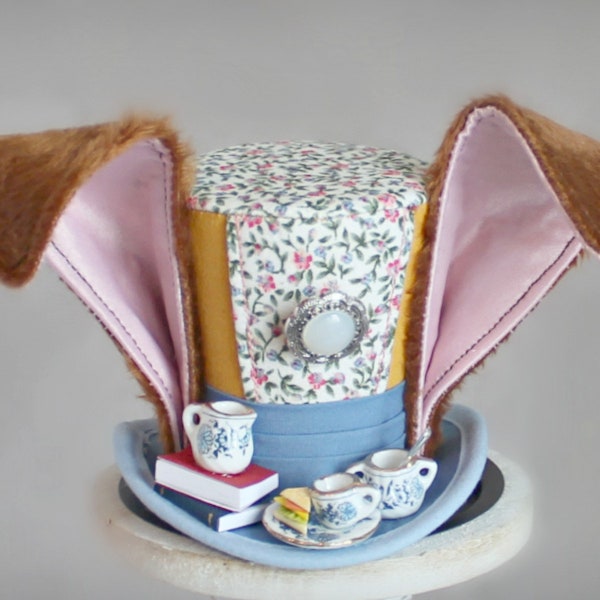 March Hare Mini Top Hat, Brown Rabbit Costume Fascinator, Flower Birthday Mini Top Hat, Alice in Wonderland Hat, Tea Party Hat, Wedding Hat