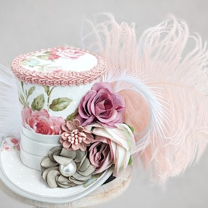 Floral Feather Hat Kentucky derby party costume statement fascinator mini top Pink Kentucky Derby Mini Hat, Horse Mini Top Hat, Flower  main image 2
