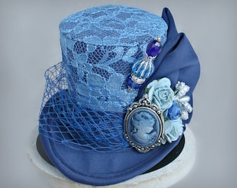 Blue Mini Top Hat, Monochromatic Mini Top Hat, Victorian Hat, Tea Party Flower Hat, Kentucky Derby Hat, Veil Alternative, Women Fascinator