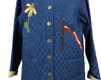 Embroidered Flag and Watering Can Quilted Denim Jacket