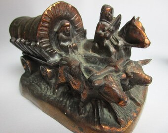 COVERED WAGON BOOKENDS - 2 Heavy Metal Vintage Elaborate Western Bookends -  Horse Drawn Wagon on Sale