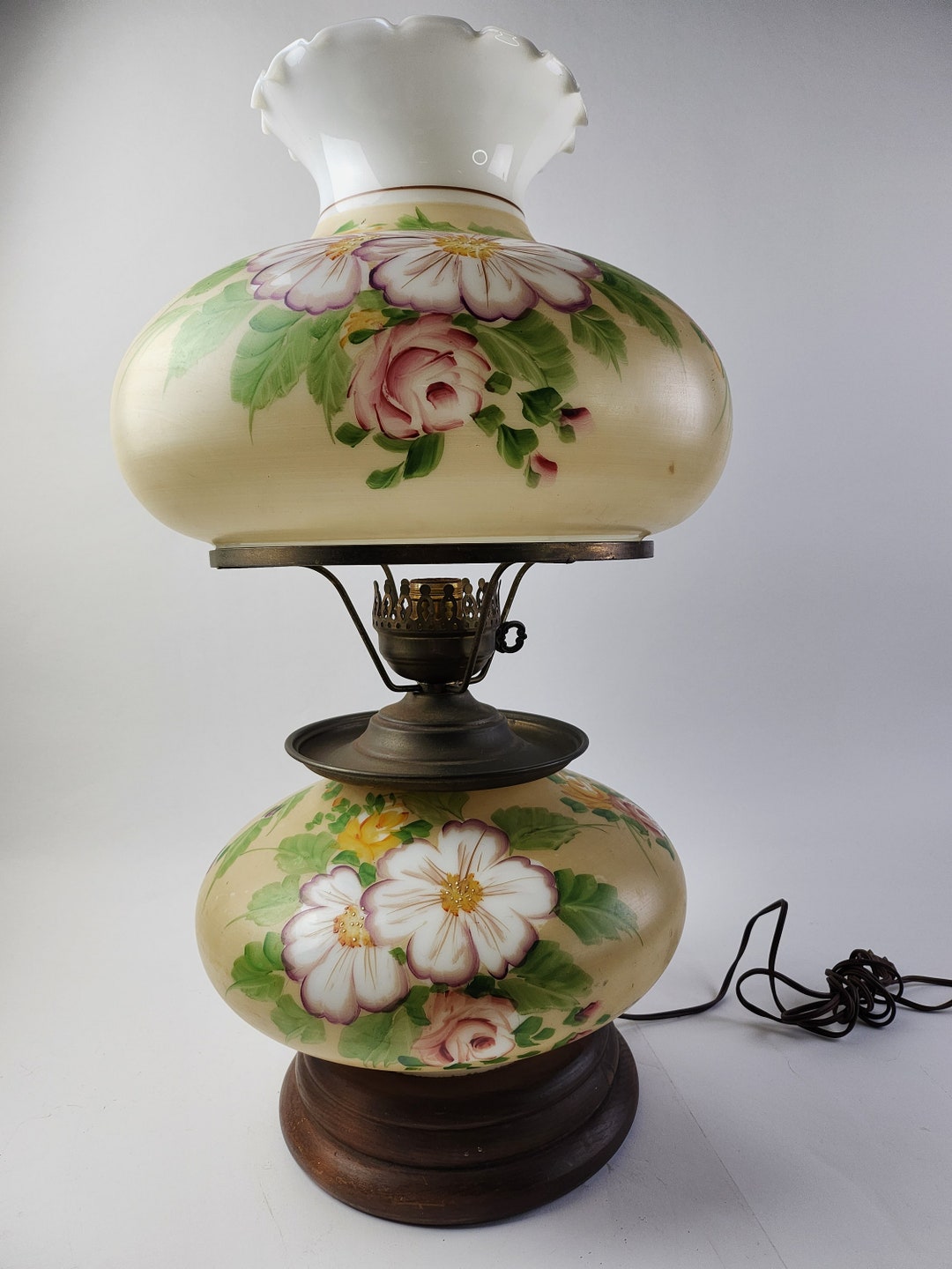 1950s White Glass Floral GWTW Style Hurricane Parlor Electric Lamp