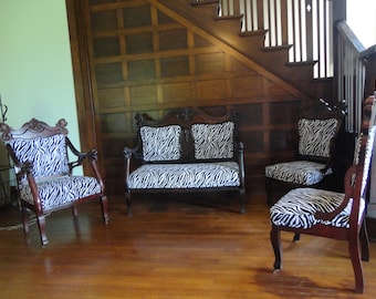 Four piece Gothic Victorian Set - Living Room Settee with 3 side Chairs - Rare Collection of Furniture