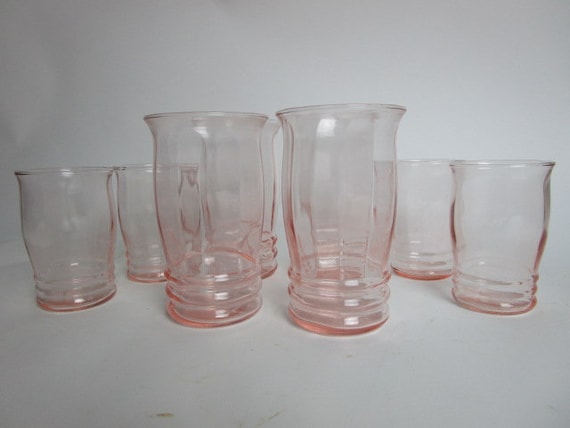 Pink MacBeth Evans OPTIC RIB SET of 4 Juice and 4 Goblet Glasses