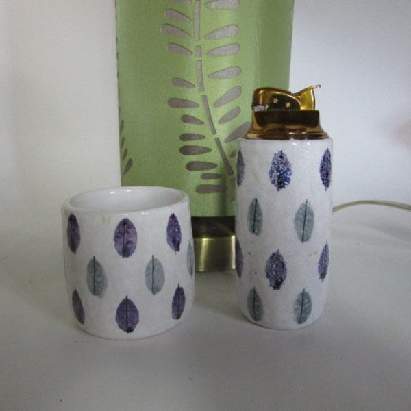 ITALIAN CERAMIC TABLE Lighter with matching Cigarette Holder / Toothpick Holder Tobacconist Collectible Set