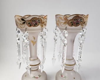 LUSTER CANDLEHOLDER PAIR - Gorgeous Luster Candlesticks Adorned by 18 Cut Crystals - GoldGuilted Hand Painted Grannycore Home Decor Mantel