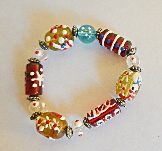 Murano Beaded Glass Stretch Bracelet, Glass Lamp … - image 1