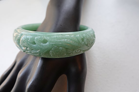 Chinese Finely Carved Green Jade Bangle Bracelet,… - image 2