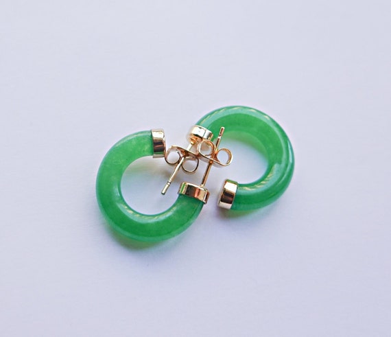Green Jade Earrings, Jade Hoop Earrings, Gold Fil… - image 2