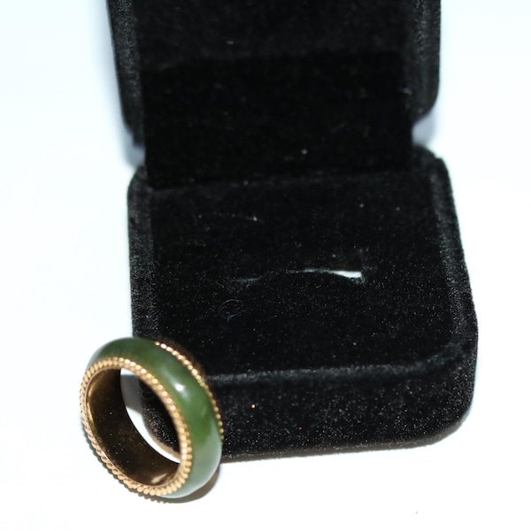 Anillo vintage chino de jade verde, banda de jade verde chapada en oro, talla 7, joyería protectora, anillo minimalista de jade chino