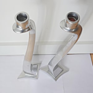 Vintage Tall Candlestick Holders, Pair of 1980s Aluminium Biomorphic &quot;Nessy&quot; Candlesticks by Escapade Paris