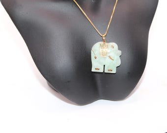 Vintage Jade Elephant Pendant Necklace, 14k Gold Overlay, Sterling Silver, 21" Chain