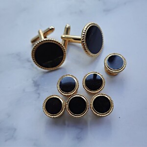 Vintage Tuxedo Cuff Links 6 Shirt Studs Set Black Onyx Gold Cufflinks Cuff Link Set Men GROOM Groomsmen Gift image 1