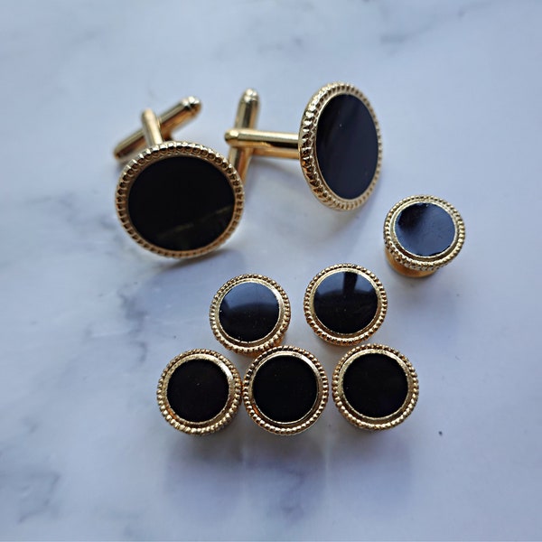 Vintage Tuxedo Cuff Links 6 Shirt Studs Set Black Onyx Gold Cufflinks Cuff Link Set Men GROOM Groomsmen Gift